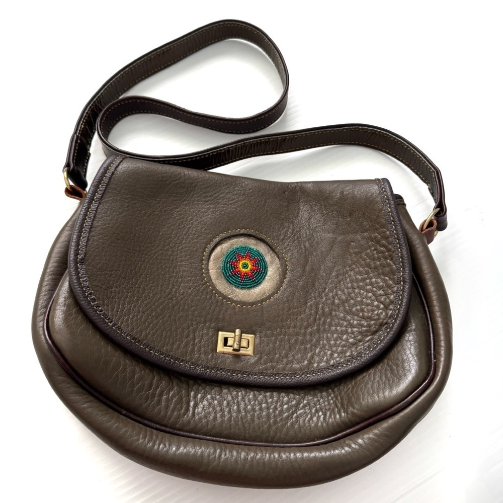 Handmade authentic leather crossbody bag with hand beaded detail